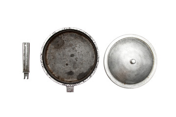 Old cast iron frying pan isolated on white