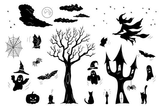 Set of black objects for Halloween isolated on white background; Hand drawn doodle silhouettes of bats, cats, tree, castle, spiders, ghosts, pumpkin, moon and witch; Vector illustration