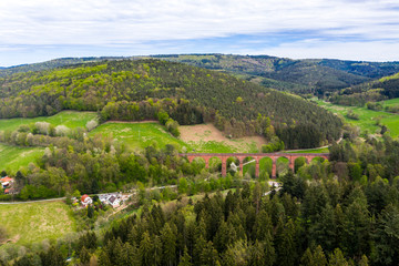 Fototapeta na wymiar Aerial view, stone arch bridge Himbächel Viaduct, Erbach - Hetzbach, Himbachel Valley, Odenwald, Hesse, Germany