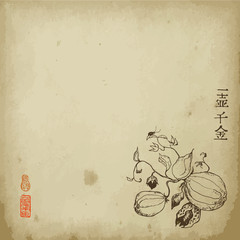 Japanese or Chinese blooming flower and pumpkin vector illustration in oriental graphic style. Old paper for chinese backdrop. Hyeroglyph says even empty pumpkin costs thousand gold.