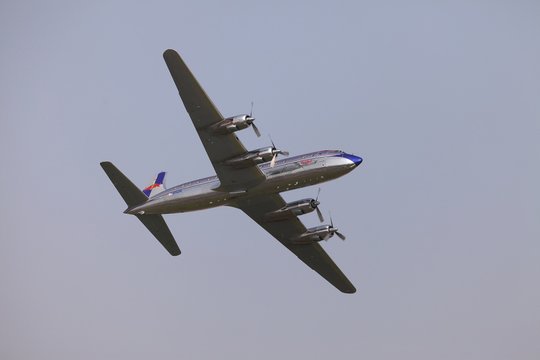 BUDAPEST, HUNGARY - MAY 1: Restored DC-6 Flying as part of the air show on May 1 celebration of 2014, Budapest, Hungary.