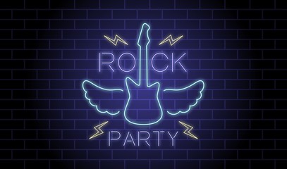 Color illustration of a neon guitar with wings and lightning with text on a brick background. Vector illustration on the theme of rock music.