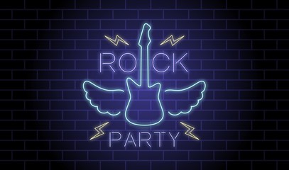 Color illustration of a neon guitar with wings and lightning with text on a brick background. Vector illustration on the theme of rock music.