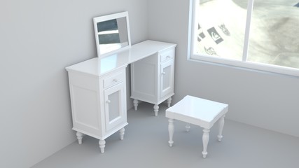 A simple dressing table with a mirror and a stool in an empty room