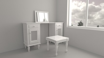 A simple dressing table with a mirror and a stool in an empty room