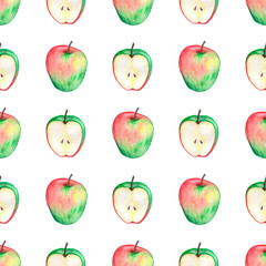 Red and green apples seamless watercolor pattern. Illustration with apples on a white background. Vegetarian background Colorful abstract design. Geometric abstract pattern.