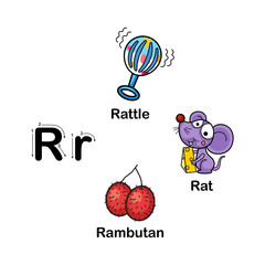 Alphabet Letter R-rat,rattle,rambutan vector illustration
