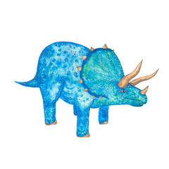 Blue watercolor triceratops on white background. Cute illustration of dinosaur.