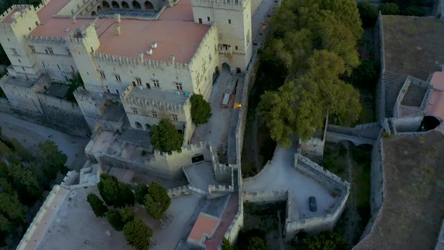 Aerial birds eye view video taken by drone of Rhodes island old fortified town, Palace of the Grand Master, popular tourist destination, Dodecanese, Aegean, Greece
