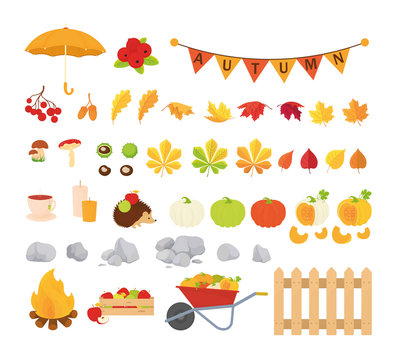 Autumn icon and set of objects to design autumn leaves plants and food and others. Vector