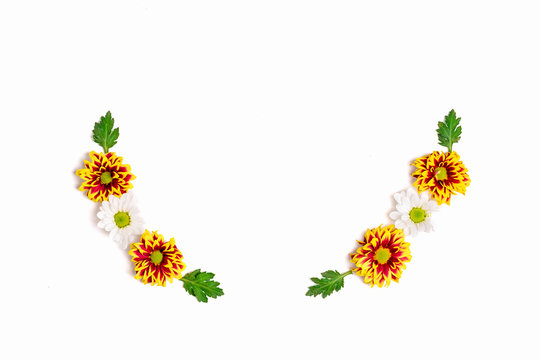 pattern of flowers yellow, red and white asters, green leaves  isolated on white background Flat lay Top view Mock up Sesonal concept Hello autumn, spring or summer, Good morning