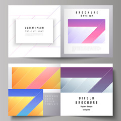 The vector illustration of the editable layout of two covers templates for square design bifold brochure, magazine, flyer, booklet. Creative modern cover concept, colorful background.