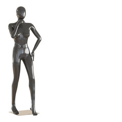 A black female mannequin stands on an iron mount on an isolated white background. 3D rendering