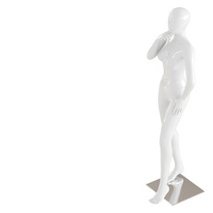 A white female mannequin stands on an iron mount on an isolated white background. 3D rendering