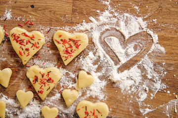 Overhead view of baking holiday cookies in winter season at home