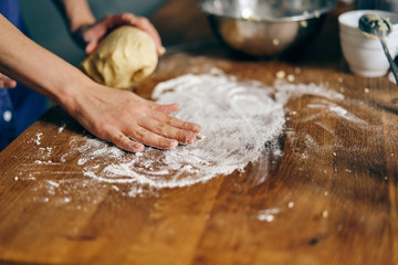 Young adult woman cooking holiday cookies in winter season at home