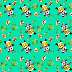 Panda hugs seamless pattern with avocado and tropical leaves