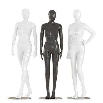 Two white female mannequin and one black between them on an isolated background .3d rendering