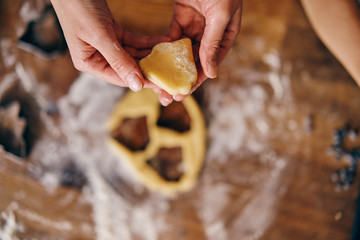 Young adult woman cooking holiday cookies in winter season at home