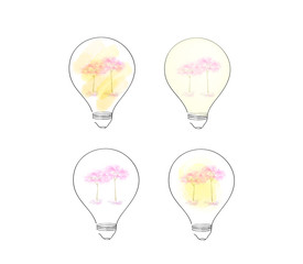 Light bulbs, colorful Japanese Cherry Blossom Trees, Sakura in lamp, think about beautiful nature travel Idea and Concept, sign symbol in watercolor style, Vector illustration.