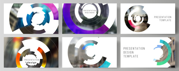 The minimalistic abstract vector layout of the presentation slides design business templates. Futuristic design circular pattern, circle elements forming geometric frame for photo.