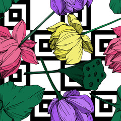 Vector Lotus floral botanical flower. Black and white engraved ink art. Seamless background pattern.