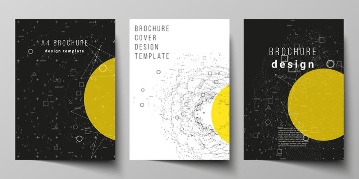 Vector layout of A4 format modern cover mockups design templates for brochure, magazine, flyer, report. Science or technology 3d background with dynamic particles. Chemistry and science concept.