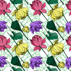 Vector Lotus floral botanical flower. Black and white engraved ink art. Seamless background pattern.