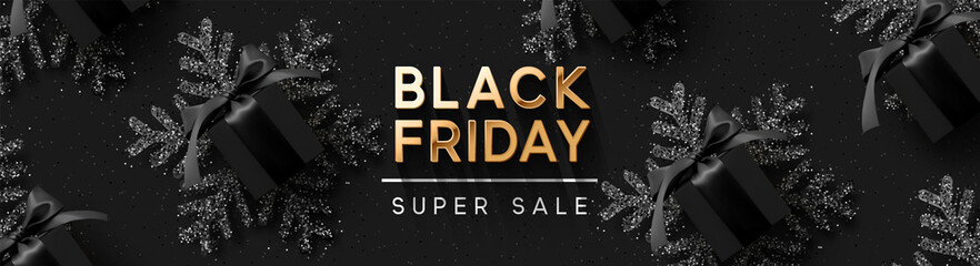 Black Friday Super Sale. Realistic black gifts boxes. Pattern with gift box. Dark background golden text lettering. Horizontal banner, poster, header website. vector illustration