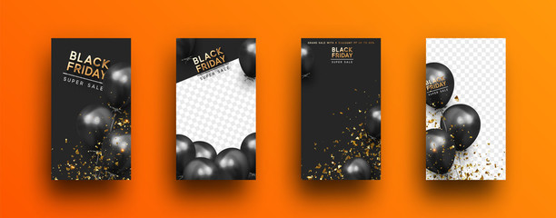 Black Friday. Festive background with helium balloons. Poster, banner, happy anniversary. 3d object ballon with ribbon and confetti. Story template, copy space for text. social media. Social network