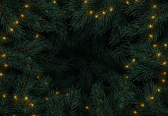 Naklejka na ściany i meble Christmas tree branches. Festive Xmas border of green branch of pine. Pattern pine branches, spruce branch. Glowing New Year golden garland, space for text. Realistic design decoration elements.