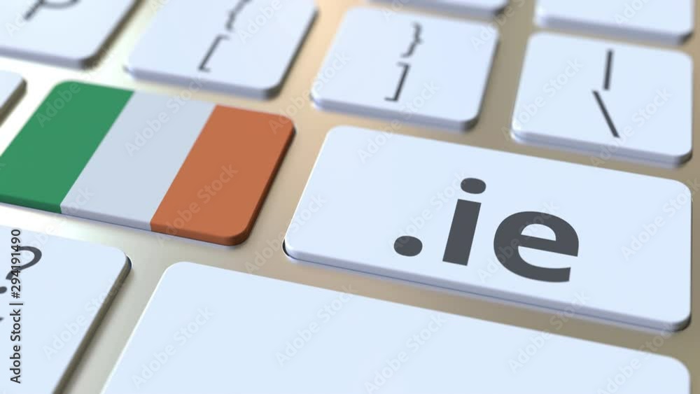 Poster Irish domain .ie and flag of Ireland on the buttons on the computer keyboard. National internet related 3D animation
