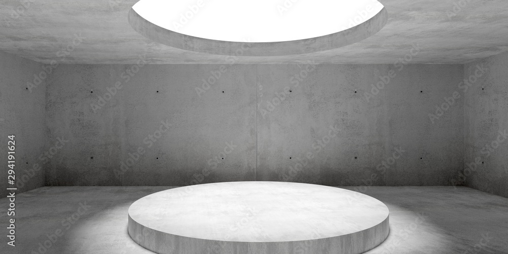 Poster abstract empty, modern concrete room with lighting from circular window in ceiling and platform - in