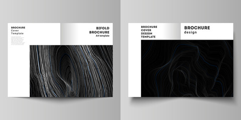 The vector layout of two A4 format modern cover mockups design templates for bifold brochure, magazine, flyer, booklet, annual report. Smooth smoke wave, hi-tech concept black color techno background.