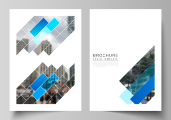The vector layout of A4 format modern cover mockups design templates for brochure, magazine, flyer, booklet, annual report. Abstract geometric pattern creative modern blue background with rectangles.