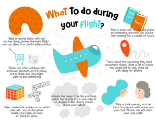 What to do during your flight infographic. Tips, recommendations for bored passengers