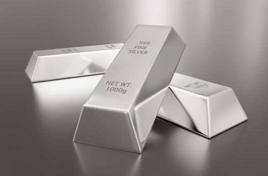 Three silver ingots or bars over silver metallic background - precious metal or money investment concept, 3D illustration