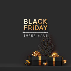 Black Friday Super Sale. Shelf and podium with realistic black gifts boxes with gold bows. Dark background golden text lettering. vector illustration