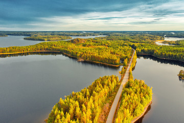 Aerial view of road between yellow autumn forest and blue lake in Finland