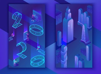Social media stories vector set, 2020 vision isometric smart city, futuristic 3d concept, blue glowing neon number, future ai technolodgy poster, new year calendar or banner, trendy illustration