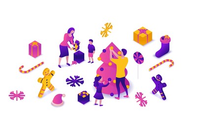 New year 2020 isometric 3d illustration, family celebrating winter holiday party, christmas concept, parents, children decorating tree, present, cartoon people together, violet, pink, yellow color