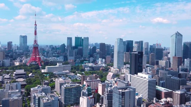 Panoramic video of cityscape of Tokyo city with Tokyo Tower and Zojoji temple seen from the World Trade Center building of Hamamatsucho district.