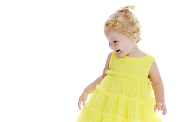 Little girl is showing a finger.The concept of advertising goods