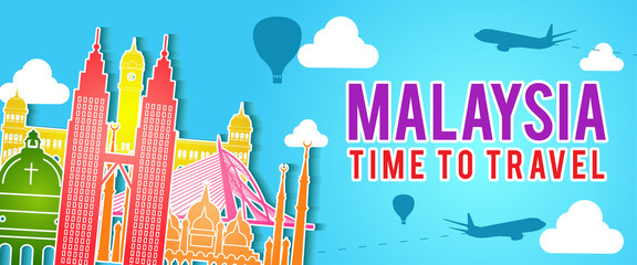 banner of Malaysia famous landmark silhouette colorful style,plane and balloon fly around with cloud