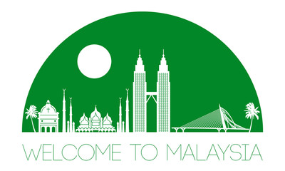 Malaysia famous landmark silhouette style, text within,green color