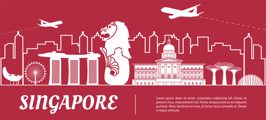 Singapore famous landmark silhouette with red and white color design