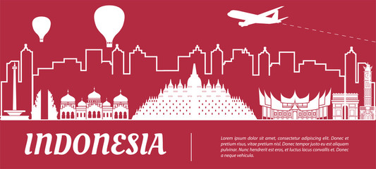 Indonesia famous landmark silhouette with red and white color design