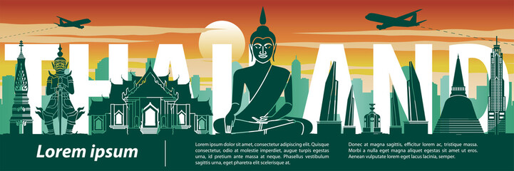 Obraz premium Thailand famous landmark silhouette style,text within,travel and tourism,sunset tone color theme
