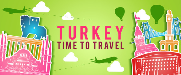 green banner of Turkey famous landmark silhouette colorful style,plane and balloon fly around with cloud