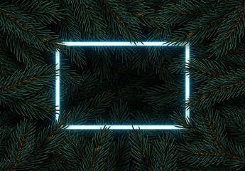 Christmas tree branches. Festive Xmas border of green branch of pine. Pattern pine branches, spruce branch. Glowing neon frame, space for text. Realistic design decoration element. Vector illustration